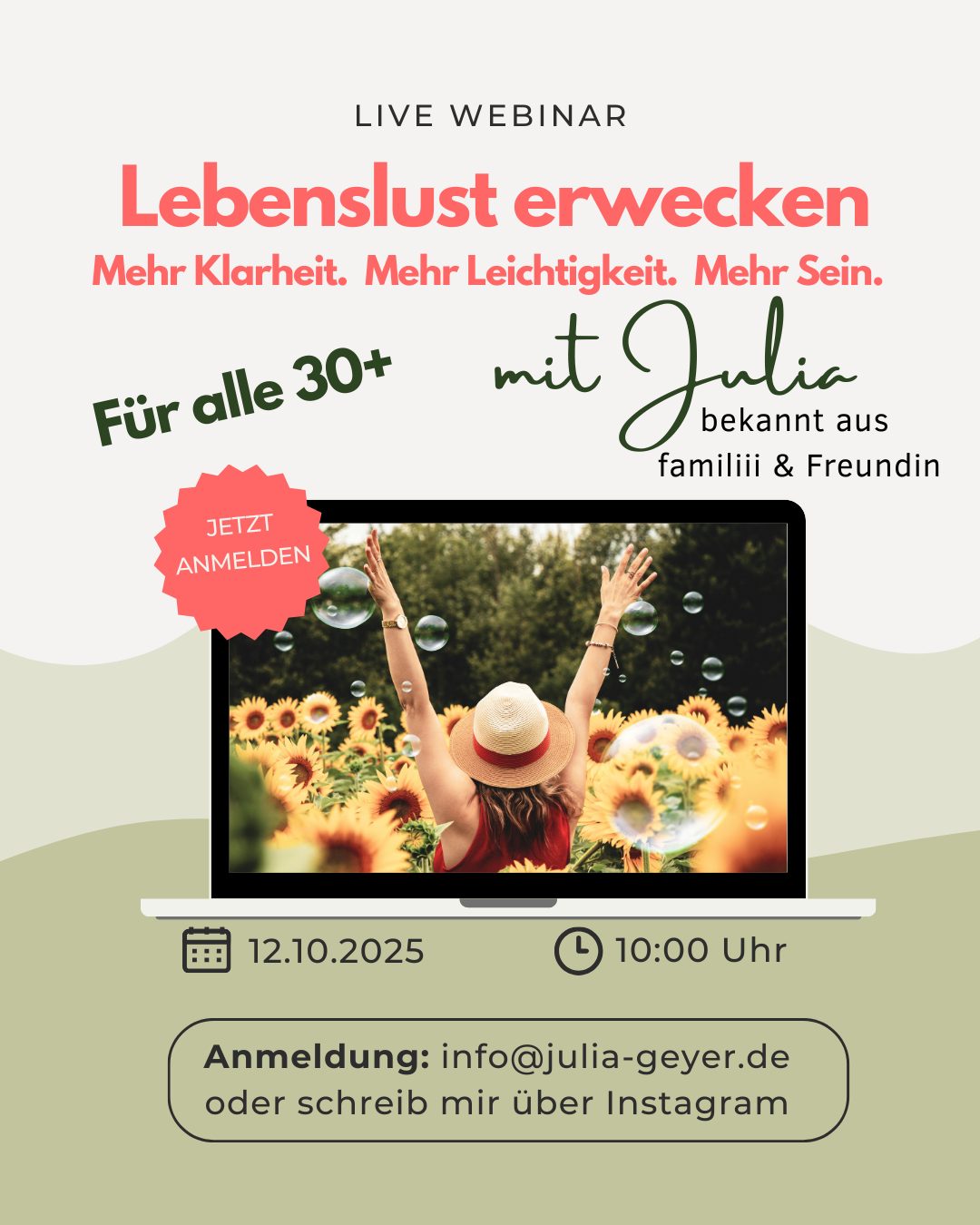 Lebenslust erwecken – für alle 30+, für mehr Klarheit, mehr Leichtigkeit, mehr Sein. Webinar